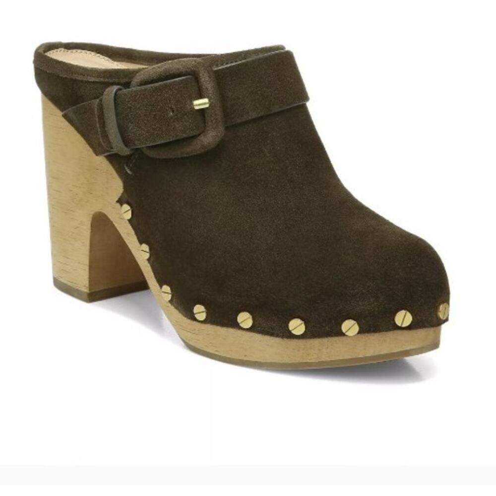VERONICA BEARD DACEY CLOGS Women's Size 8 Military Green Suede Leather Studs